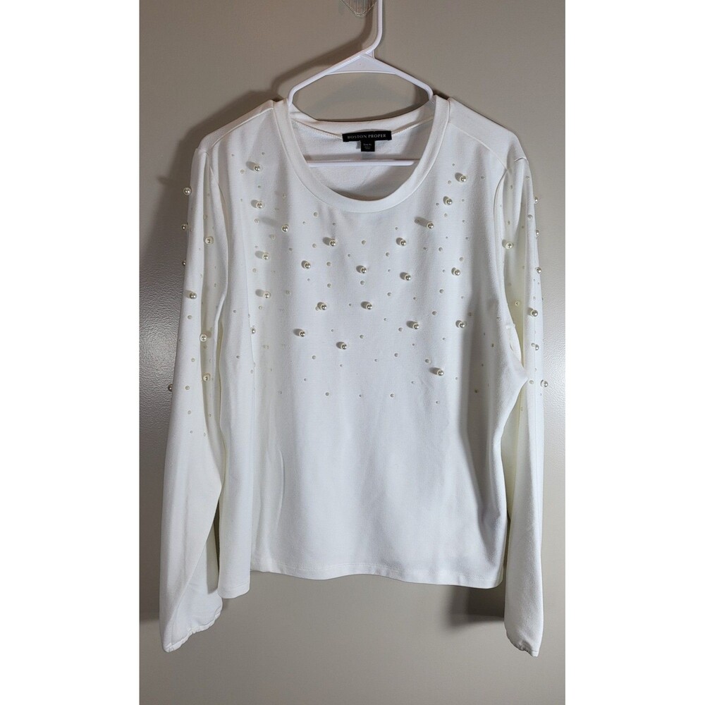 Boston Proper XL White Pearl Embellished Sweatshirt Top Coquette Glam